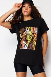 Black Printed 100% Cotton Oversize/Wide Knit T-Shirt