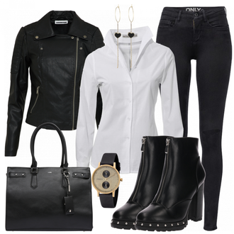 Outfit mit Schwarz/Dunkelgrün Mantel/Bikerjacke/KunstLederjacke/Lederjacke/Motorradjacke Noisy may "Polina"