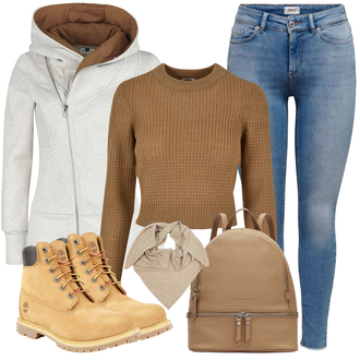 Outfit mit Beige/Braun/Weiß/Khaki/Grau Tuch/Loop Schal/Bandana/Schal Zwillingsherz "Praktischer Look"