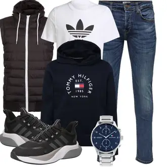 Outfit mit Blau/Hellblau/Dunkelblau Slim Fit Jeans/Herren Lederjacke/Tapered-Jeans/Biker Jeans/Winterjacke/Lederjacke/Leder Schuhe/Low Rise Jean/ThermoJeans/Jeans mit Schlitz/Low Waist Jean/Vintage Jeans Only & Sons "Cool für die Freizeit"