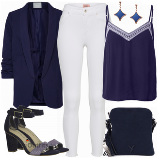 ohne Verschluss Outfit mit Dunkelblau 3/4 Bluse/Bluse Oberteil/Bluse mit Stehkragen/Bluse Mit Schleife/Business Bluse/Elegante Bluse/Lederjacke/Longbluse/Langarmbluse/Tunika Pieces "Modischer Sommer Look"