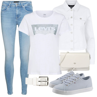 Outfit mit Rot Ballonshirt/Basic Top/Casual Top/Cropped Shirt/Strick Top/Strickshirt/Hemdoberteil/Kurzes Oberteil/Boucle Strickjacke/Rundhals-Strickjacke/Kurze Strickjacke/Kurzarm Strickjacke/Stehkragen-Strickjacke/Sommerstrickjacke/Vintage Strickjacke levi's ® "Frühlings Outfit"
