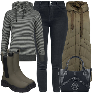 Outfit mit Dunkelgrün/Khaki/Braun Trachtenweste/Ärmellose Weste/Steppweste/Jagdweste/Reiseweste/Kurze Weste/Outdoorweste/Puffer Weste/Lange Weste/Daunenweste Hailys "Perfect Voor De Winter"