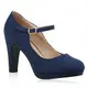 Damen Pumps T-Strap Blockabsatz High Heels Damen Mary Janes Samt Spangenpumps Lack Leder-Optik Schuhe 135523 Dunkelblau 36 Flandell