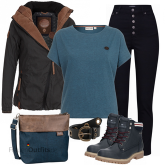 Outfit mit Blau Stiefel Tom Tailor "Naketano jacke"
