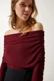 Happiness stanbul Women's Burgundy Off-Shoulder Gathered Detailed Blouse