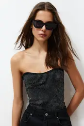 Black Strapless Stone Embroidered Knitwear Blouse
