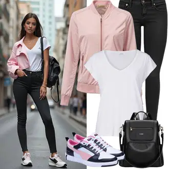 Sportski Outfit sa Pink Bomber Jakna/Proljetna Jakna Urban Classics "Savršeno za slobodno vrijeme"Look: Sportski, Preppy, Disko, Radna odjeća, Sveučilišna, Ured