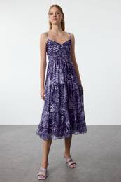 Lilac Animal Patterned Skater Midi Woven Dress