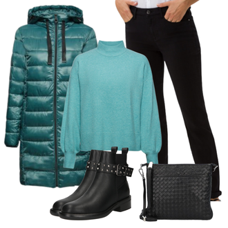 Outfit mit Schwarz/Lila Leder Stiefelette/Biker Boot/Flache Stiefelette/Lederjacke/Chelsea Boot Only "Herbstlicher Look"