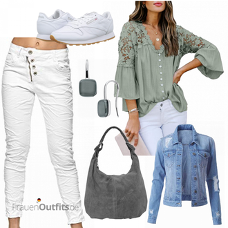 Outfit mit Grün/Hellgrün/Dunkelgrün Einfarbige Bluse/Offene Bluse/Spitzenbluse/Crash­bluse/3/4 Bluse/Bluse Oberteil/Boho-Bluse Astylish "Stylisher Freizeitlook"