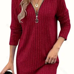 Women's Elegant Solid Color V-neck Zipper Long Sleeve Tunic Dress, Polyester 95% Spandex 5% Knit Fabric, Medium Stretch, H-fit, Midi Length For
