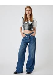 Tweed Blouse Wide Baby Neck Short Balloon Sleeves Color Contrast