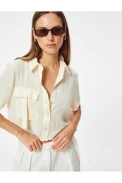 Crop Short Sleeve Shirt with Cargo Pocket Detail Modal Fabric Loose Fit
