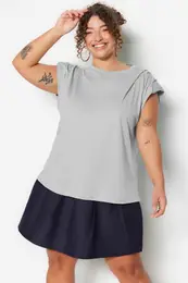 Curve Grey Crew Neck Basic 100% Cotton Knitted Plus Size Blouse