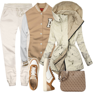 Outfit s Béžová/Krémová/Bílá/Hnědá Úzká Teniska/Teniska s dírkovaným vzorem/Nízká Teniska/Kožené Tenisky/Teniska teddy/Vintage Teniska/Letní Tenisky Bugatti "podzimní outfit pro každý den"