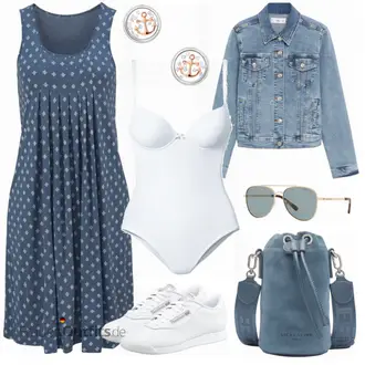 Outfit mit Blau/Grau/Dunkelblau Baumwollkleid/Kleid mit Tasche/Polka Dot-Kleid/Gesmoktes Kleid/Sommerkleid BEACH TIME "Hamburg Alltagsoutfit"