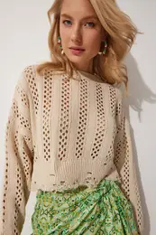 Happiness stanbul Women's Cream Openwork Crop Seasonal Knitwear Blouse