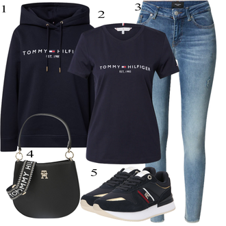 Negabaritinis apranga su Tamsiai mėlyna Moteriškas Megztinis/Megztinys su gobtuvu Tommy Hilfiger "Sportovný jesenný oblek"Look: Mom, Negabaritinis, Sportiškas, Unisex, Universiteto, Vintažinis, Hip Hopas
