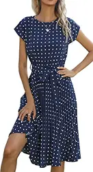 Yingke Damen Kleid Casual Polka Dot Kleid Chic Rundhalsausschnitt Langes Böhmisches Sommerkleid Retro Ferien Komfortabel, Blau M