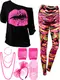 80er Jahre Damen Kostüm Set, T Shirt, Legging Hose Ohrring Halskette Handschuhe Armband(Kurz Ärmel Geometrische,XL)