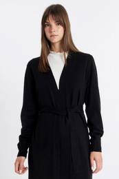 Regular Fit Basic Plain Belted Long Knitted Black Cardigan