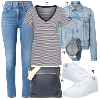 Outfit sa Plava/Tamnoplava/Svjetlosiva Pleteni top/Ležerni topić/Zamotana Majica/pletena košulja/Majica/Majica za plažu/Pulover za plažu/Top za plažu/Košulja top/Majica S Prugama/Obični top levi's ® "Outfit za slobodno vrijeme"