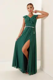 By Sayg Flounce vrat pas Chiffon dolga razrezana obleka velika velikost indigo