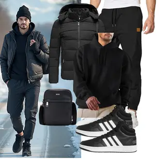 Outfit mit Schwarz/Dunkelgrau Hybridjacke/Isolationsjacke/Kapuzenjacke/Thermojacke/Kunstfaserjacke/Daunenjacke/Winterjacke/Puffer Jacke Redbridge "Freizeit Outfit"