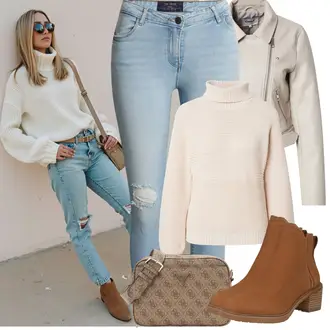 Jeans Outfits Skinny mit Hellblau Lederjacke/Ankle Boot/Cropped Jeans/Jeans mit Schlitz/Jeans mit Loch/Push up Jeans/Leather jackets Noisy may "Frühling outfit"