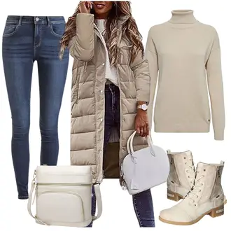 Daunen Outfit mit Braun/Beige/Khaki Langer Mantel/Langmantel/Langer Wintermantel Minetom "Perfekt für den Winter"