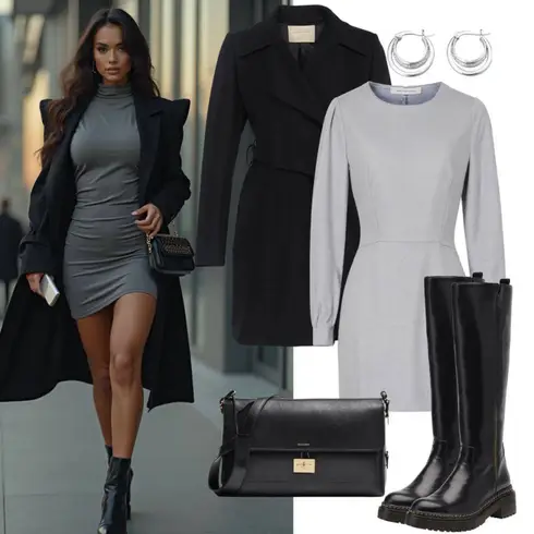 Schwarz/Weiß/Braun Leder Overknee Stiefel/Flache Overknee Stiefel/Langer Stiefel/ReitStiefel/Kniehoher Stiefel/Overknee Stiefel REMONTE kombinieren mit Grau/Dunkelgrau/Hellgrau Pulloverkleid VERO MODA