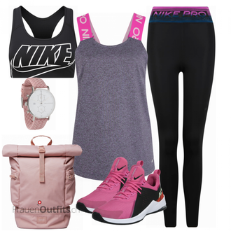 Sport Outfits mit Blau Nike, Schwarz Bh Nike, Grau Top Nike, Rosa Sportschuh Nike "Sport Outfit"