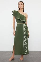 Khaki Woven Flounce One Shoulder 100% Cotton Blouse Skirt Beach Suit
