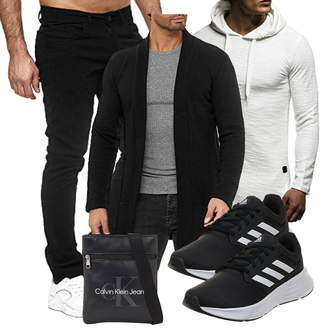 Wasserfall-Ausschnitt Outfit mit Grau/Weiß/Creme/Khaki Wickel Pullover/Sport Sweatshirt/Ausgefallener Hoodie/Strick Hoodie/Sport Hoodie Leif Nelson "Freizeit Outfit"