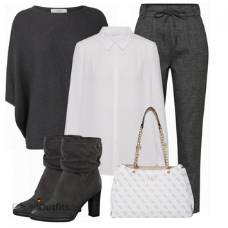 Outfit mit Schwarz/Grau/Dunkelgrau Strick Große/Klassische Tunika/Bluse Lederjacke/Oversize Bluse/Tuniken-Shirt/Shirt & Top Große Größe/Tunika/Pullover Mit Fledermausärmel/Kaschmir Pullover JdY "Perfekter Look für das Büro"