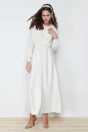 Ecru Double Breasted Detailed Wedding/Special Day Long Bride Evening Dress