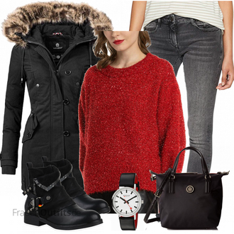 Glitzer Outfits Silvester mit Schwarz/Rot/Weiß/Dunkelrot/Creme Uhrenbatterie/Uhrenarmband/Uhrwerkzeug "MessBebe Weihnachtspullov"Look: Wasen, Schule, Flughafen, Konfirmation, Silvester