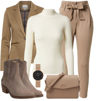 Outfits für das Standesamt der Braut Winter mit Creme/Weiß/Khaki/Beige Pullover mit Stehkragen/Rollkragenpullover/Rundhals-Strickjacke/Stehkragen-Strickjacke Edited "Business Look"
