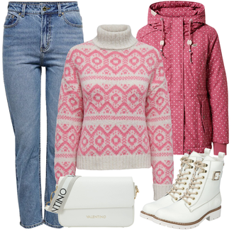Outfit sa Bež/Bijela/Krem Gležnjača na Vezanje/Motociklistička čizma/motociklistička čizma/Borbena Čizma/Ravna Gležnjača Rieker "Zimski outfit"