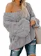 Aleumdr Pullover Damen Elegant Strickpullover Damen Grobstrick Pullover V-Ausschnitt Lose Winter Pulli Damen Schulterfrei Oberteile Causal Stricksweater Festliche Pullover Oversized warm Grau M