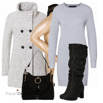 Wasserfall-Ausschnitt Outfit mit Grau/Braun/Beige Bouclé Mantel/Strickfleece Mantel/Strickmantel/Wollfleece Mantel/Wintermantel Wollmantel Only "Modischer Look für den Herbst"