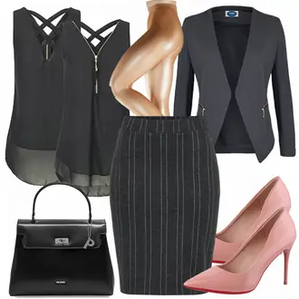 Elegant Outfit mit Schwarz/Dunkelgrau/Grau Elegante Bluse/Bluse Oberteil/Lederjacke/Bluse/Ärmellose Bluse Flying Rabbit "Georgina"Look: Jazz, Uni, Büro, Romantisch, Coole, 20er Jahre, Elegant, Wetlook, Edel, Schick, Gothic