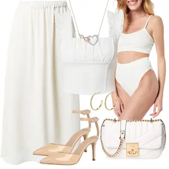 Party Outfits mit Gold Collier Swarovski, Weiß/Beige/Gelb/Gold Creole/Ohrclip Pilgrim "Modisches Hochzeit Outfit"