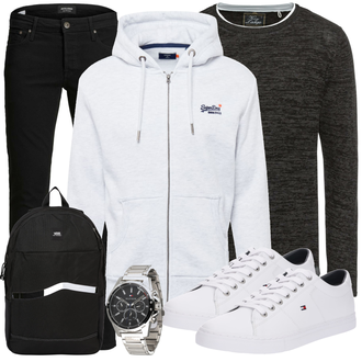 Outfit mit Weiß/Grau Hoodie Superdry "Freizeit Outfit"
