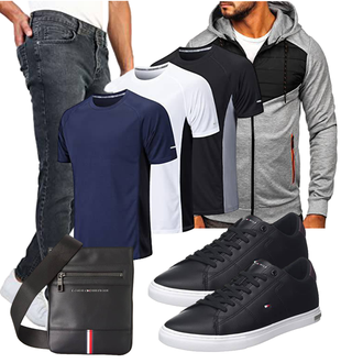 Outfit mit Grau/Dunkelgrau/Hellgrau Laufjacke/Langlaufjacke/Reflektierende Jacke/Jacke mit Seitlichem Reißverschluss/Sportjacke/Hybridjacke/Kapuzenjacke BOLF "Cooles Outfit"