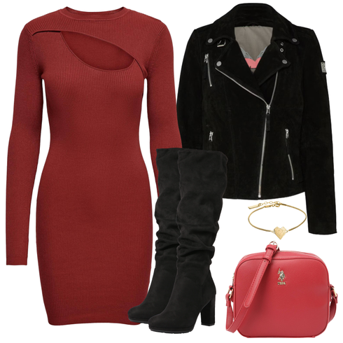 Rot/Dunkelrot Asymmetrisches Kleid/Bodycon-Kleid/Herbstkleid/Hochgeschlossenes Kleid/Jerseykleid/Strickkleid/Langärmliges Kleid/Langärmliges Winterkleid/Pulloverkleid/Rollkragenkleid/Winter Strickkleid Only kombinieren mit Schwarz High Heels Stiefel/Kniehoher Stiefel/Langer Stiefel/Overknee Stiefel/Spitzer Stiefel/Weitschaftstiefel About You