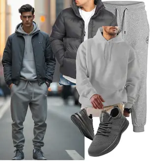 Outfit mit Dunkelgrau/Grau/Hellgrau Übergangsjacke/Verstaubare Jacke/Kunstfaserjacke/Kapuzenjacke/Winterjacke/Daunenjacke/Puffer Jacke Behype "Freizeit Outfit"