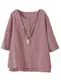 Vogstyle Damen Neue Baumwoll Leinen Tunika T-Shirt Jacquard Oberseiten (XXL, Rosa)