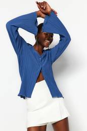 Indigo Pleated and Buttoned Flare/Spanish Sleeve Knitted Shirt